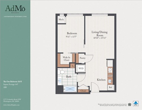 Floor plan for 1 bed, 1 bath, 648 sqft